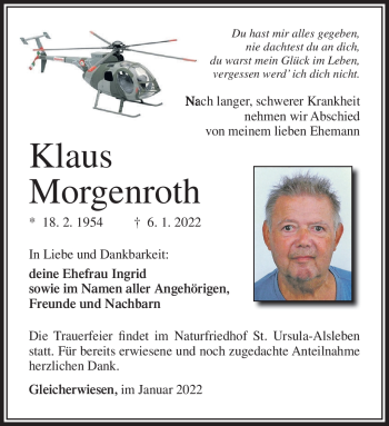 Traueranzeige von Klaus Morgenroth von Südthüringer Presse