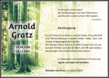 Traueranzeige von Arnold Gratz von Südthüringer Presse