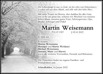 Traueranzeige von Martin Weisemann von Südthüringer Presse