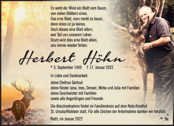 Traueranzeige von Herbert Höhn von Südthüringer Presse