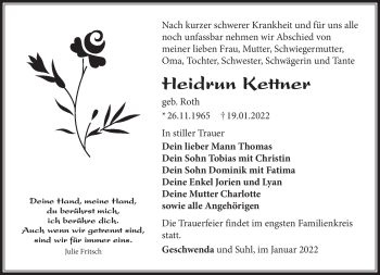 Traueranzeige von Heidrun Kettner von Südthüringer Presse
