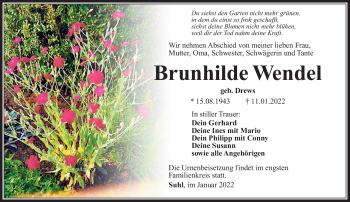 Traueranzeige von Brunhilde Wendel von Südthüringer Presse