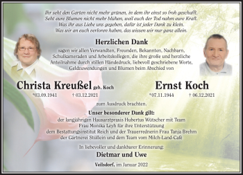 Traueranzeige von ErnstChrista KochKreußl von Südthüringer Presse