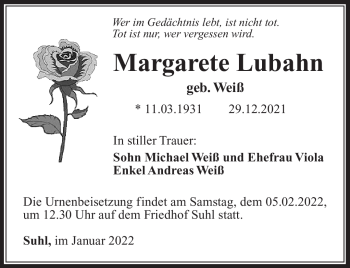 Traueranzeige von Margarete Lubahn von Südthüringer Presse