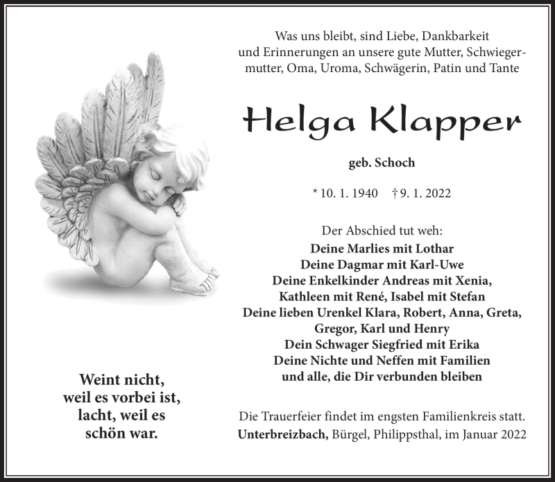  Traueranzeige für Helga Klapper vom 14.01.2022 aus Südthüringer Presse