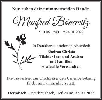 Traueranzeige von Manfred Bönewitz von Südthüringer Presse