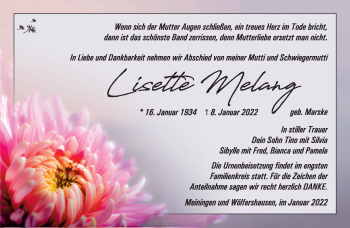 Traueranzeige von Lisette Melang von Südthüringer Presse
