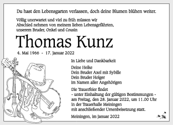 Traueranzeige von Thomas Kunz von Südthüringer Presse