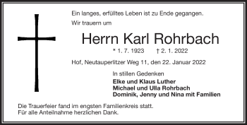 Traueranzeige von Karl Rohrbach von Frankenpost