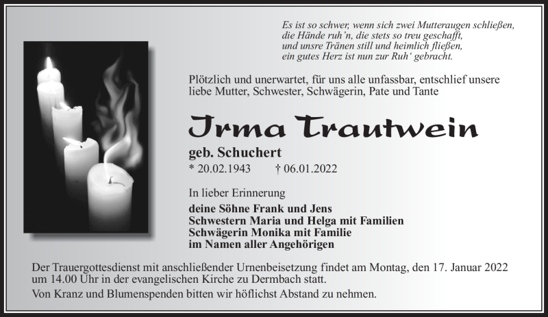  Traueranzeige für Irma Trautwein vom 14.01.2022 aus Südthüringer Presse