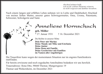 Traueranzeige von Anneliese Hornschuch von Südthüringer Presse