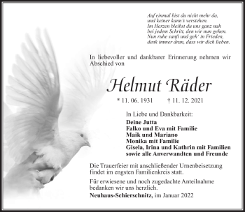 Traueranzeige von Helmut Räder von Südthüringer Presse