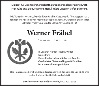 Traueranzeige von Werner Fräbel von Südthüringer Presse