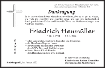 Traueranzeige von Friedrich Heumüller von Südthüringer Presse