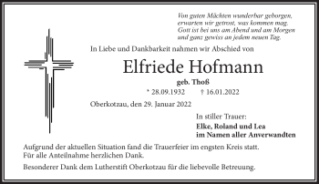 Traueranzeige von Elfriede Hofmann von Frankenpost