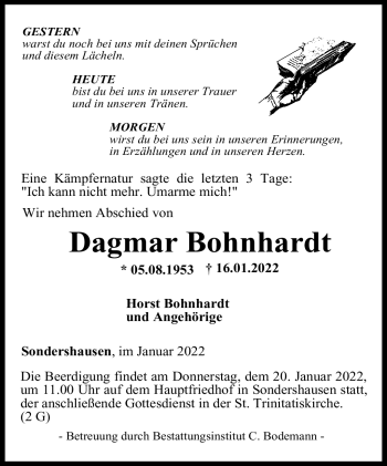 Traueranzeige von Dagmar Bohnhardt von Südthüringer Presse