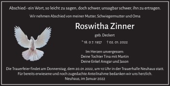 Traueranzeige von Roswitha Zinner von Südthüringer Presse