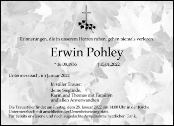 Traueranzeige von Erwin Pohley von Neue Presse Coburg