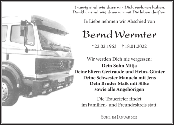Traueranzeige von Bernd Wermter von Südthüringer Presse