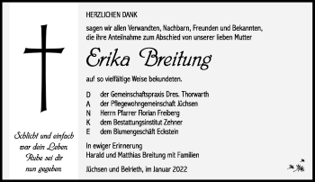 Traueranzeige von Erika Breitung von Südthüringer Presse