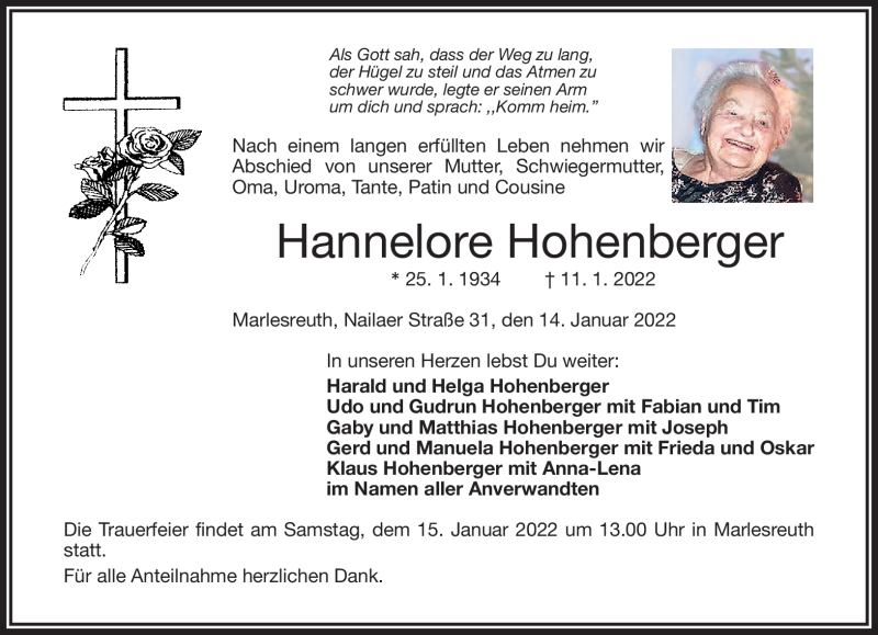  Traueranzeige für Hannelore Hohenberger vom 14.01.2022 aus Frankenpost