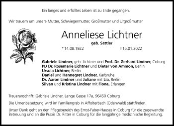 Traueranzeige von Anneliese Lichtner von Neue Presse Coburg