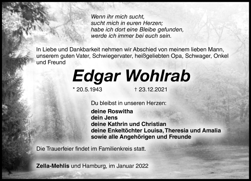  Traueranzeige für Edgar Wohlrab vom 08.01.2022 aus Südthüringer Presse
