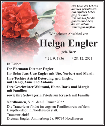 Traueranzeige von Helga Engler von Südthüringer Presse