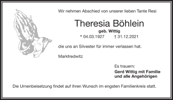 Traueranzeige von Theresia Böhlein von Frankenpost