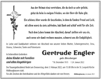 Traueranzeige von Gertrude Engler von Südthüringer Presse