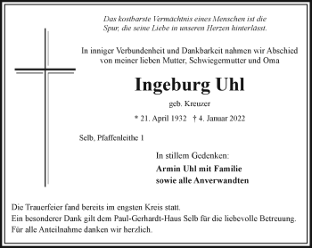 Traueranzeige von Ingeburg Uhl von Frankenpost