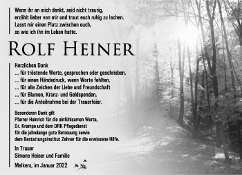 Traueranzeige von Rolf Heiner von Südthüringer Presse