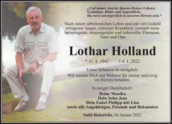 Traueranzeige von Lothar Holland von Südthüringer Presse