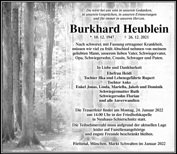 Traueranzeige von Burkhard Heublein von Südthüringer Presse