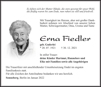 Traueranzeige von Erna Fiedler von Südthüringer Presse
