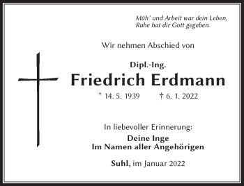 Traueranzeige von Friedrich Erdmann von Südthüringer Presse