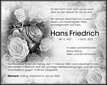 Traueranzeige von Hans Friedrich von Südthüringer Presse