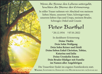 Traueranzeige von Peter Barthel von Südthüringer Presse