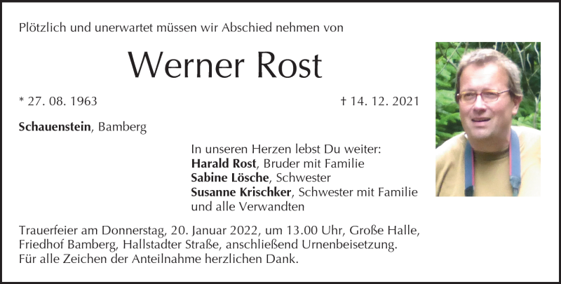  Traueranzeige für Werner Rost vom 15.01.2022 aus Frankenpost