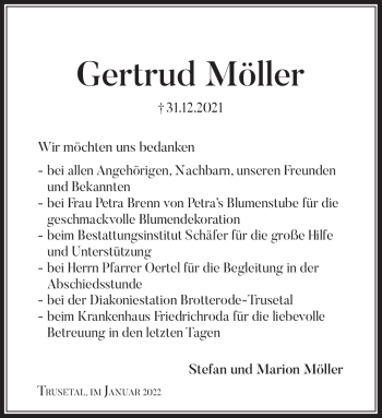 Traueranzeige von Gertrud Möller von Südthüringer Presse