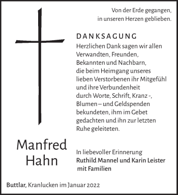 Traueranzeige von Manfred Hahn von Südthüringer Presse