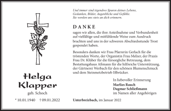 Traueranzeige von Helga Klapper von Südthüringer Presse