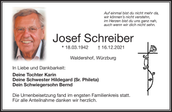 Traueranzeige von Josef Schreiber von Frankenpost