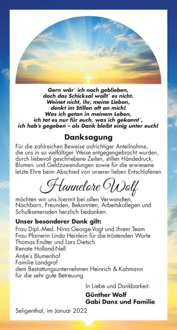 Traueranzeige von Hannelore Wolf von Südthüringer Presse