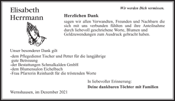 Traueranzeige von Elisabeth Herrmann von Südthüringer Presse