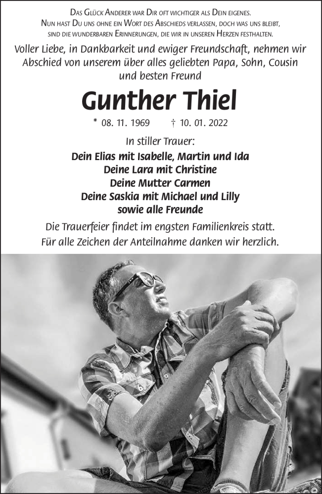  Traueranzeige für Gunther Thiel vom 29.01.2022 aus Südthüringer Presse
