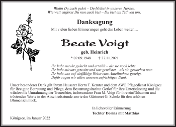 Traueranzeige von Beate Voigt von Südthüringer Presse