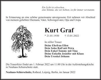 Traueranzeige von Kurt Graf von Südthüringer Presse