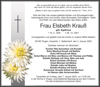 Traueranzeige von Elsbeth Krauß von Frankenpost