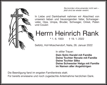 Traueranzeige von Heinrich Rank von Frankenpost